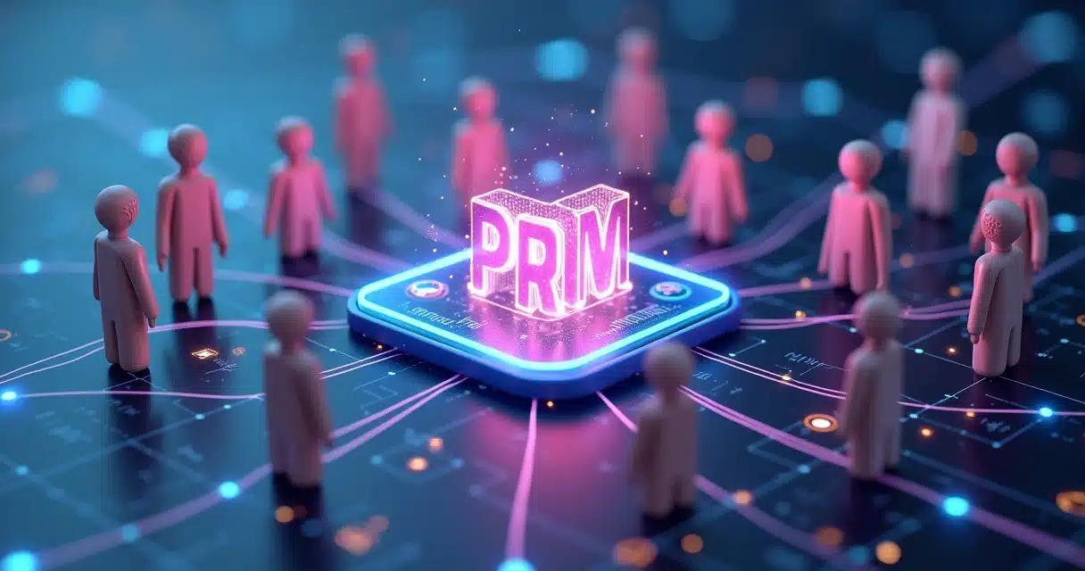 Ilustração 3D mostrando múltiplos parceiros conectados a uma plataforma central de PRM com gráficos de desempenho e ícones de comissionamento e automação, Calculadora de ROI PRM