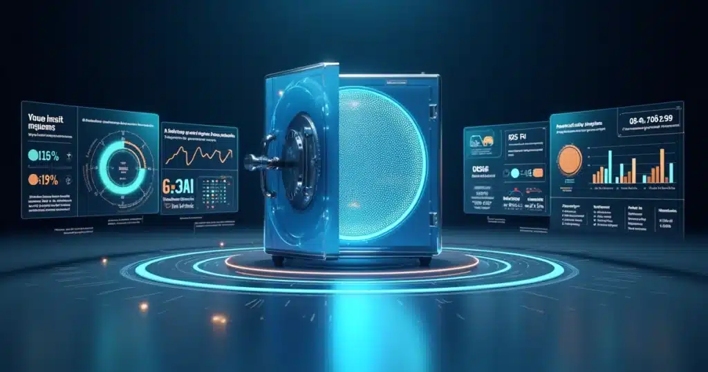 Benchmarks financeiros de programas de parceiros em SaaS Cofre digital em 3D cercado por gráficos de desempenho de parcerias SaaS