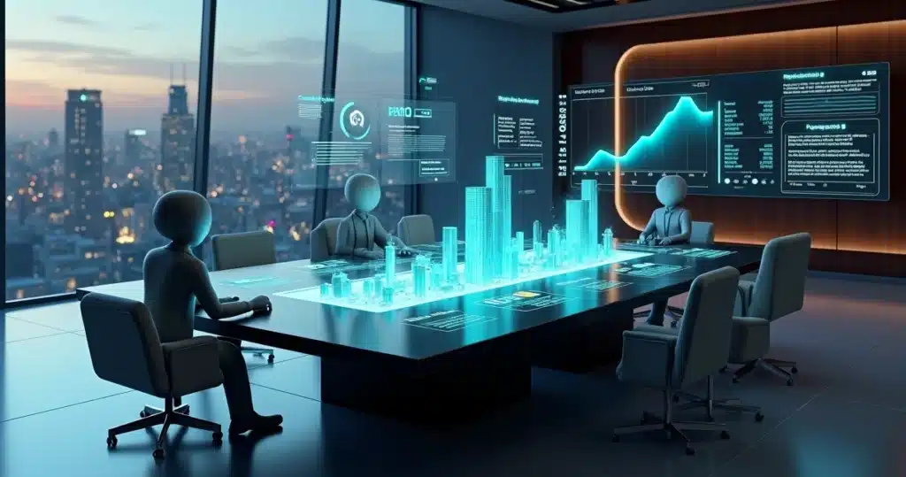 Como apresentar o ROI do programa de parcerias para o CFO CFO em mesa de reunião analisando dashboards financeiros e de parcerias em 3D, ROI do programa de parcerias