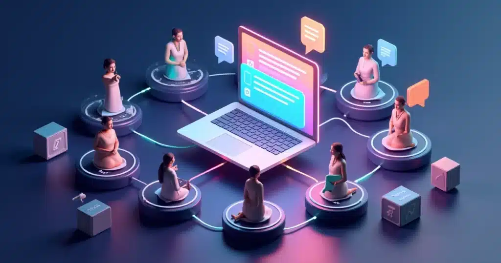 Script de primeiro contato para recrutar parceiros via cold outreach Círculo de avatares 3D trocando mensagens de primeiro contato B2B