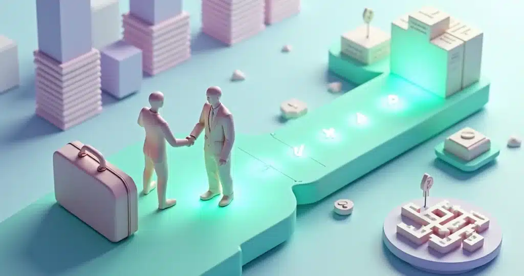 Primeiro parceiro: erros que empresas cometem logo no começo Rota 3D com primeiro parceiro iniciando jornada enquanto desvia de obstáculos