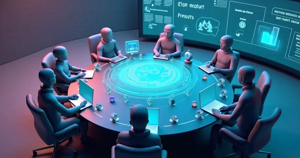 Roteiro completo de reunião de QBR com parceiros Reunião de QBR entre empresa e parceiros em sala 3D com tela holográfica de métricas
