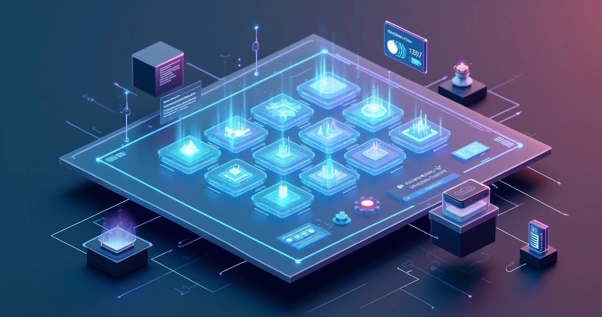 Interface 3D de busca e seleção de parceiros B2B em painel tecnológico