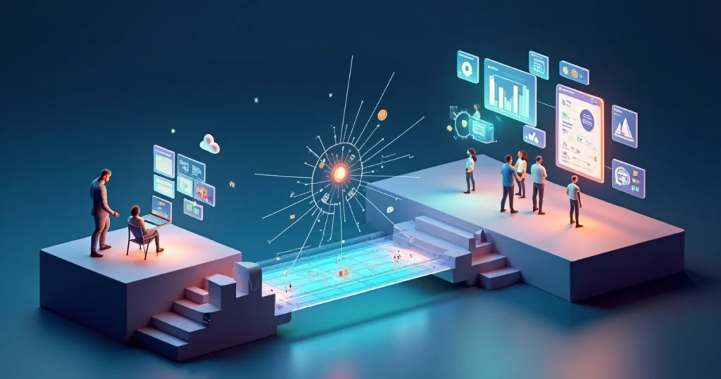 Founder-led Growth (FLG) vs Sales-led Growth (SLG): definições e diferenças para empresas B2B Comparação entre fundador sozinho e equipe de vendas estruturada em ambiente 3D corporativo